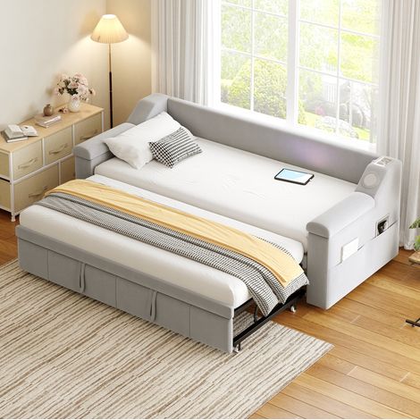 CHICFURN Sofá cama 90x190 cm de terciopelo gris claro con Bluetooth y USB (1/5)