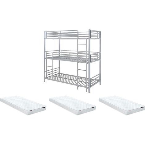 Letto a castello triplo 3 x 90 x 190 cm Metallo Argento + Materasso - ELOUAN III