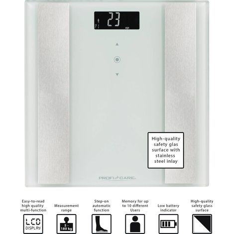 Proficare PW 3007 Báscula de Baño Inteligente, Análisis Corporal 8 Funciones, Alta Precisión, Acero Inox. y Vidrio  Blanco (1/5)