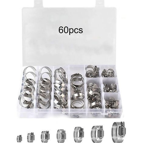 Sortiment an Schlauchschellen aus Edelstahl – 60-teilig, verstellbare Schlauchschellen von 8–38 mm (1/4"–1-1/2") für Kraftstoffleitungen aus Metall im Sanitär- und Kfz-Bereich