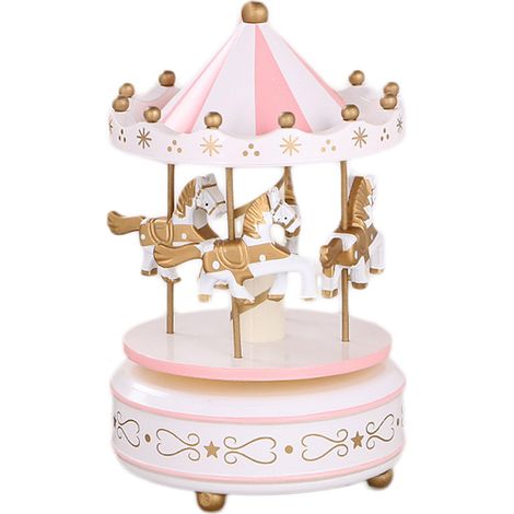Carrousel musical en bois vintage 4 chevaux mécanique à remonter, boîte à musique ronde, cadeaux de Noël et Nouvel An. (1/5)