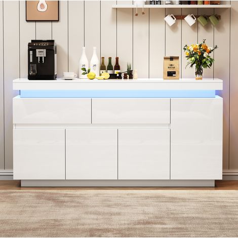 Credenza 140 x 35 x 72,5 cm con 2 cassetti, 4 ante, LED e bianco lucido DESVIAE (1/5)