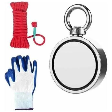 Aimant néodyme double face avec corde et gants, aimant de pêche rond extrêmement puissant de 345 kg, idéal pour la pêche à l'aimant et la chasse au trésor - Diamètre 67 mm (1/3)