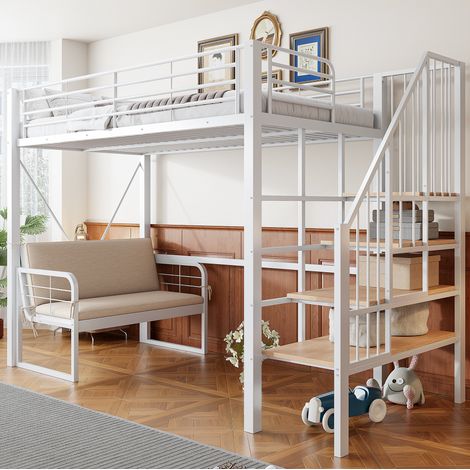 Letto a castello 90x200 cm bianco in metallo e MDF con scala contenitore (1/5)