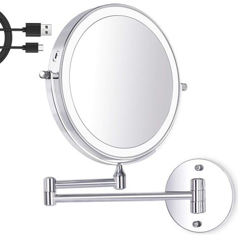 Inch LED Wall Mounted Makeup Mirror, Lighted Magnifying Mirror, 1X/7X Magnification 3 Adjustable Light Colors USB Charging, 360° Swivel Extendable, for Bathrooms and Family