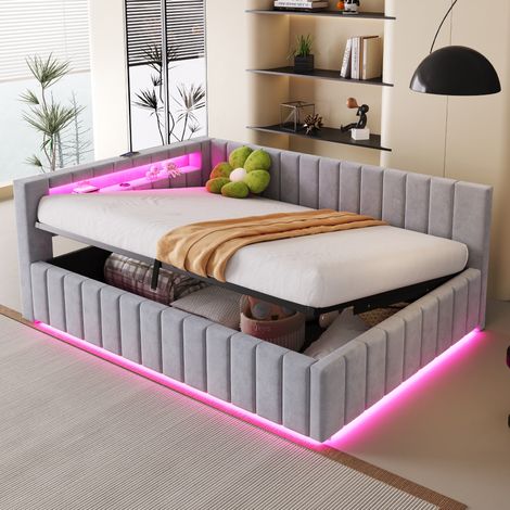 Cama tapizada 140x200 cm gris claro de terciopelo con almacenaje hidráulico, LED y USB (1/5)
