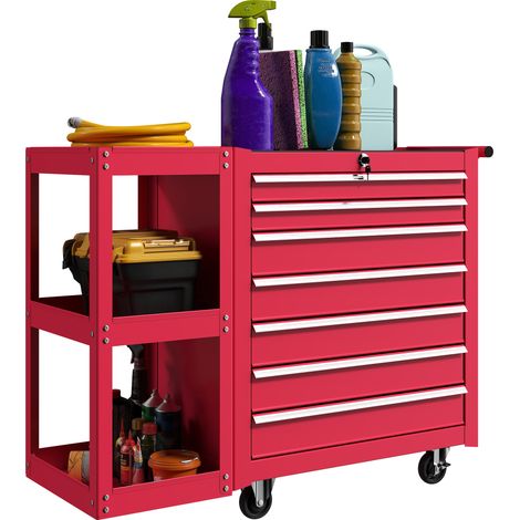 HOMCOM carro de herramientas con 7 cajones, carro de taller con estantería de 3 niveles desmontable, sistema de cierre central, asa, rojo