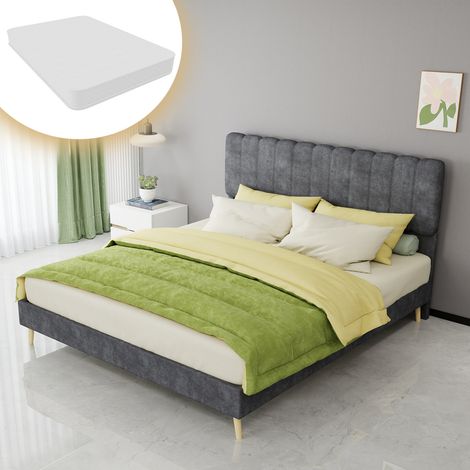 Cama tapizada 160x200 cm con colchón, cabecero alto y somier de lamas, gris OKMYHOME (1/5)
