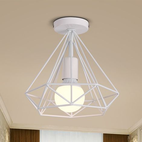 Plafoniera Bianco, Lampada da Soffitto in Industriale Stile, Illuminazione Ø25cm con Gabbia a Form di Diamantata E27 - 1 Pezzi