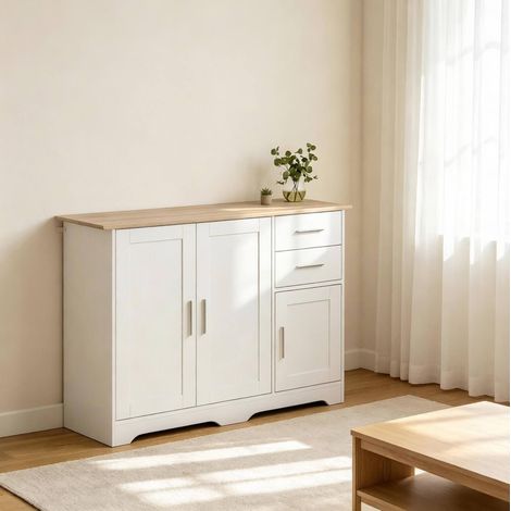 Buffet avec 2 tiroirs et 2 portes 100 x 40 x 78 cm blanc et effet bois naturel HAVRYA (1/5)