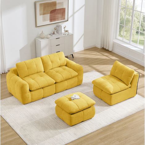 3-Sitzer L-förmiges Modulsofa aus Chenille mit Ottoman, Gelb, OKWISH (1/5)