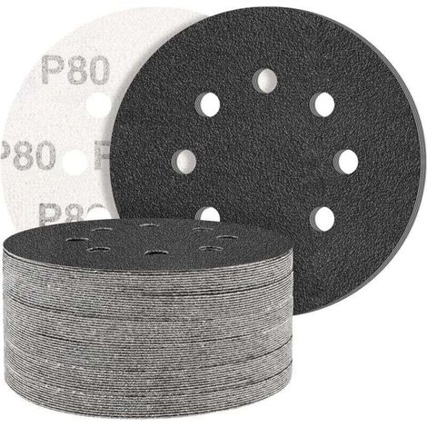 Black Lot de 50 disques abrasifs en carbure de silicium avec Grain 80 8 trous Rond Ponceuse excentrique - Grain mélangé - Pour polissage (1/4)