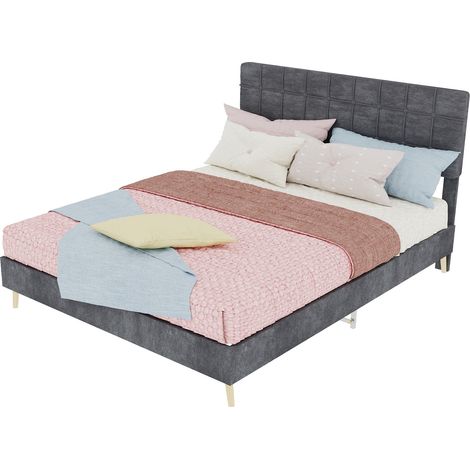 Letto matrimoniale 140x200 cm in tessuto grigio scuro con testiera imbottita a quadri, struttura stabile, facile da assemblare, CHICFURN (1/5)