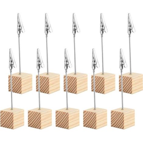 20 pièces - porte-mémos - porte-photos - clip porte-photos - base en bois - droit avec pince crocodile et base à épingle - clips mémo - 2,52,511,5cm - argent, couleur bois - bois (1/5)