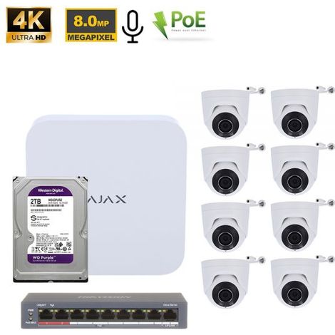 Ajax Kit videosorveglianza NVR 8 Canali + TurretCam 8Mp Bianco + HDD 2Tb + Switch PoE - 70936 NR.08 Telecamere