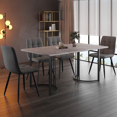 Essgruppe (5-tlg),Esstisch mit 4 Stühlen Set, Moderner Küchentisch Set , 140×80cm Küchentisch mit Schwarz Metallbeinen, MDF Tischplatte in Grau,Dunkelgrau Leinen Esszimmerstühle (1/5)