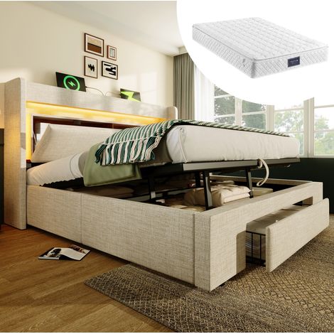Letto imbottito 140x200 cm beige in lino con contenitore, testiera con LED, USB e USB-C, materasso (1/5)