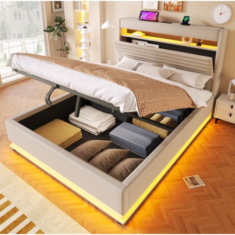 Cama dormitorio con almacenaje LED USB beige 140x200 OKMYHOME (1/5)