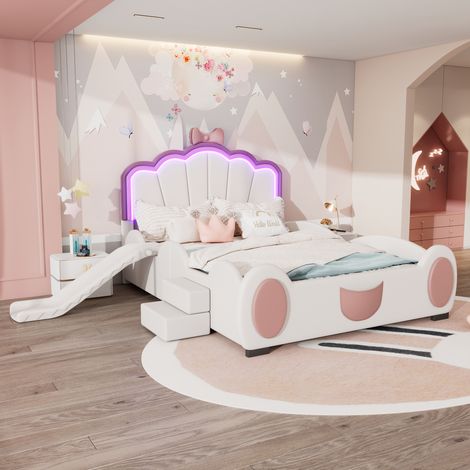 Cama alta infantil 140x200 cm de PU y MDF rosa y blanca, modulable FloraGrace (1/5)