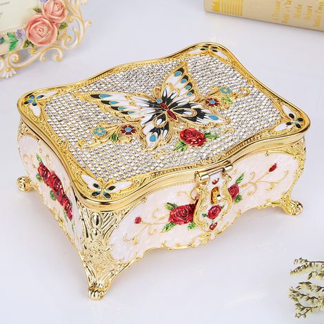 Boîte à bijoux créative (fleurs dorées, blanches et rouges), boîte de rangement pour ornements, objet de décoration avec serrure (1/3)