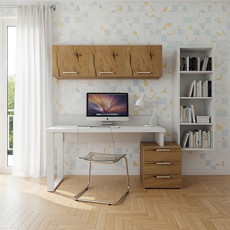 Angolo libreria design con cubotti e cassettiera - Soluzione moderna e salvaspazio - Bianco e Quercia