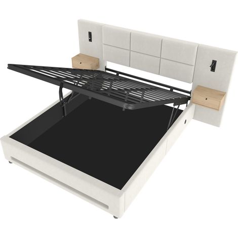 Lit coffre capitonné 160x200 cm en velours beige avec tiroirs, LED, USB-C et cadre métal (1/5)
