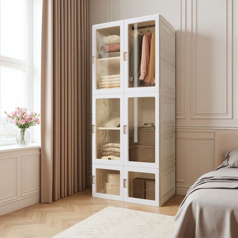 Armoire de rangement penderie pliable vêtements avec 6 portes transparentes et barre de suspension, 69x50x170 cm - Blanc (1/5)