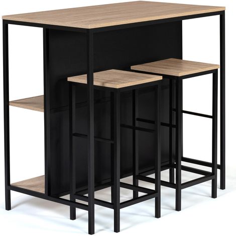 Idmarket – Table de bar îlot DETROIT – 2 tabourets design industriel – Dimensions 100x60x95cm – Structure bois et métal – Idéal pour petits espaces (1/5)