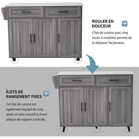 129 x 46 (71) x 91,5 (95) cm. Couchette de repas / Meuble de rangement sur le côté du repas. Carrelage en marbre blanc et meuble en bois de couleur kaki-gris. (1/5)