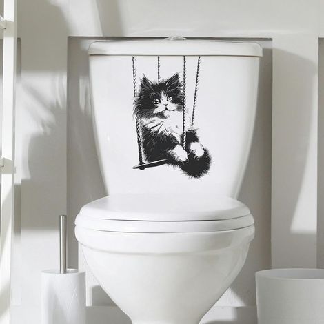 20–29 cm große, dreiteilige Aufkleber mit schwingender schwarzer Katze für den Toilettendeckel, lustige, selbstklebende, wasserfeste PVC-Toilettensitzaufkleber für die Wand (1/4)
