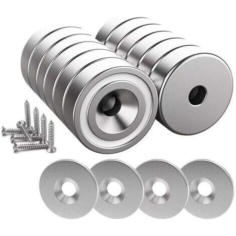 12 Stück Neodym-Magnete, 10 kg Kraft, 20 x 7 mm mit Loch und Kapsel, Senkkopf-Topfmagnet mit Schraube und 12 Stahlpads (Hellsilber)