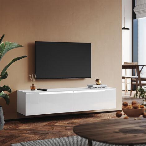 SONNI Mueble TV Suspendido Blanco Brillo con Luces 12 Colores,Mueble de Salón con LED Madera 2 Puertas Abatibles 140 cm (1/5)