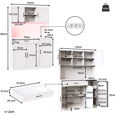 Meuble de rangement haut, buffet de cuisine, armoire étroite, 110x38x180 cm, style champêtre, cinq portes, avec bandeau LED et prise, blanc (1/5)