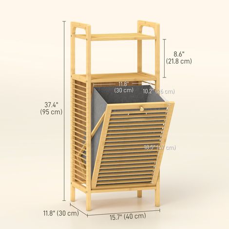 Armoire à linge en bambou naturel avec panier basculant, panier amovible et étagères ouvertes pour une organisation optimale de la maison (1/5)