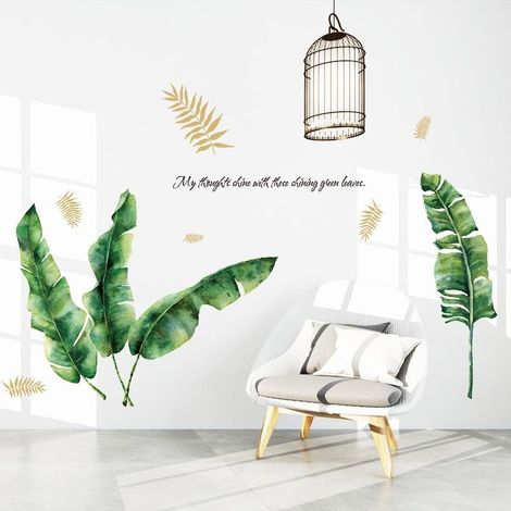 Décoration murale pour chambre à coucher : autocollants muraux représentant de grandes feuilles de plantes vertes (1/5)