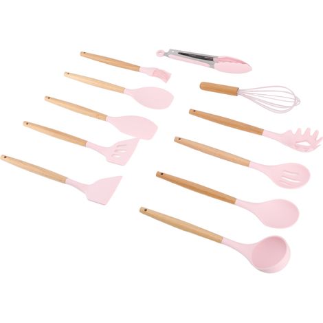 Ensemble de 11 ustensiles de cuisine résistants à la chaleur, design sans couture, antiadhésifs et agréables au toucher. Spatules incluses, rose. (1/5)