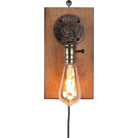 ALPINALUZ Aplique de Pared Vintage Industrial con Placa de Madera Natural para Colgar a la pared con Cable y Enchufe Interruptor en Portalampara E27 (1/5)