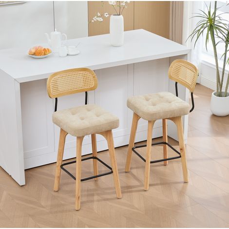Set di 2 sgabelli da bar girevoli in ciniglia e rattan, kaki, altezza seduta 67,5 cm (1/5)