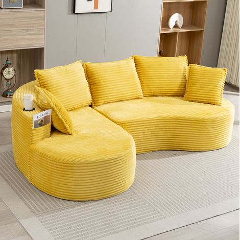 Canapé en velours côtelé jaune moutarde 250x152x82 cm, design arrondi avec porte-gobelets et poches latérales (1/5)