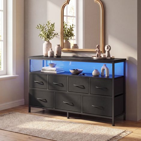 Commode avec 7 Tiroirs en Tissu, Étagère Ouverte, LED, Prises, 113,8 x 30 x 68,1 cm, Noir (1/5)