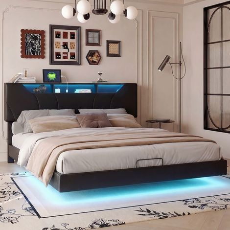 Bett 140x200 cm mit Lattenrost, Erwachsenenbett 140x200 cm, Bett 140x200 cm, LED, Stauraum, für 2 Personen, schwarzes PU