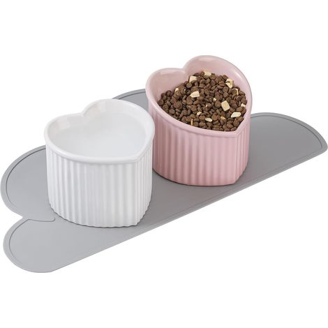 CSPARKV (14×14×12cm)Set of 2 Double Raised Ceramic Cat Bowls - Raised Cat Bowls with Non-Slip Mat - Anti-Vomiting Cat Food Bowl - Cat Food and Water Bowl - Cat Bowl (1/4)