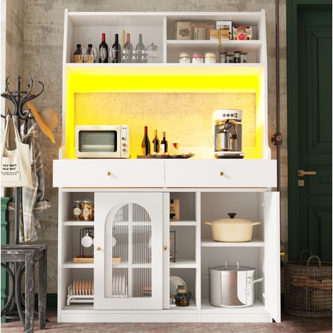 Sideboard haut MDF et panneaux de particules blanc 120 x 40 x 180 cm, 2 tiroirs, étagères réglables, portes vitrées, LED (1/5)
