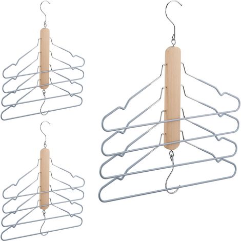 Set 3 Perchas Ahorra Espacio con Varilla Pantalones, 4 Colgadores Madera y Metal, Antideslizantes, Natural y Gris
