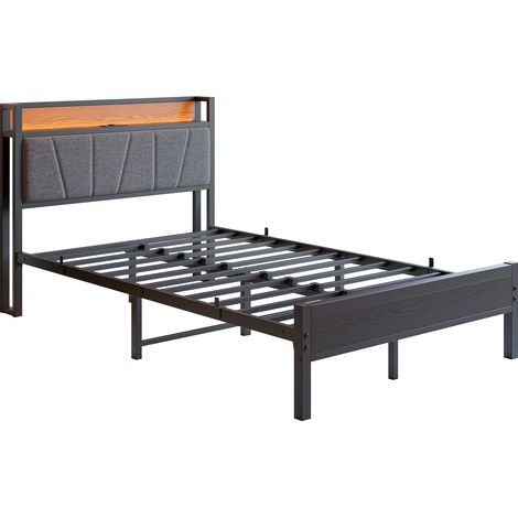 Cadre de lit 120x200 cm avec lumières LED intelligentes, tête de lit de rangement avec station de charge USB, plateforme de soutien robuste en lattes métalliques, silencieux, montage facile, sommier à (1/5)