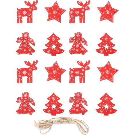 16 Ornements en Bois Suspendus pour Sapin de Noël : Élan, Étoile, Ange, Décoration Murale avec Ficelle (1/5)