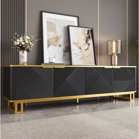 Meuble TV 160x37,5x48 cm en panneaux de bois MDF noir, avec rangement pour salon moderne FloraGrace (1/5)