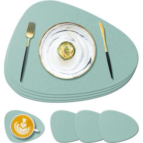 Set of 4 light green silicone placemats and coasters, 13.8 x 11.1 x 0.15 cm, non-slip, washable, suitable for dining tables (1/5)