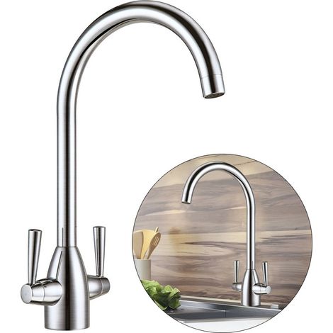 Modern Mono Kitchen Sink Mixer Tap Brushed Nickel Twin Lever Swivel Spout +Flexi