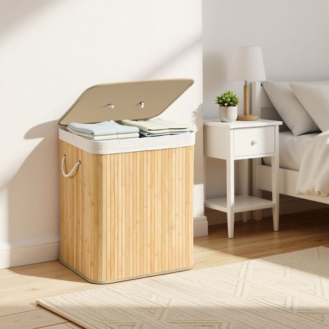 Panier à Linge, 120 L, avec Couvercle, Bambou, avec Poignées, Pliable, Sac Amovible, Couleur Naturelle (1/5)